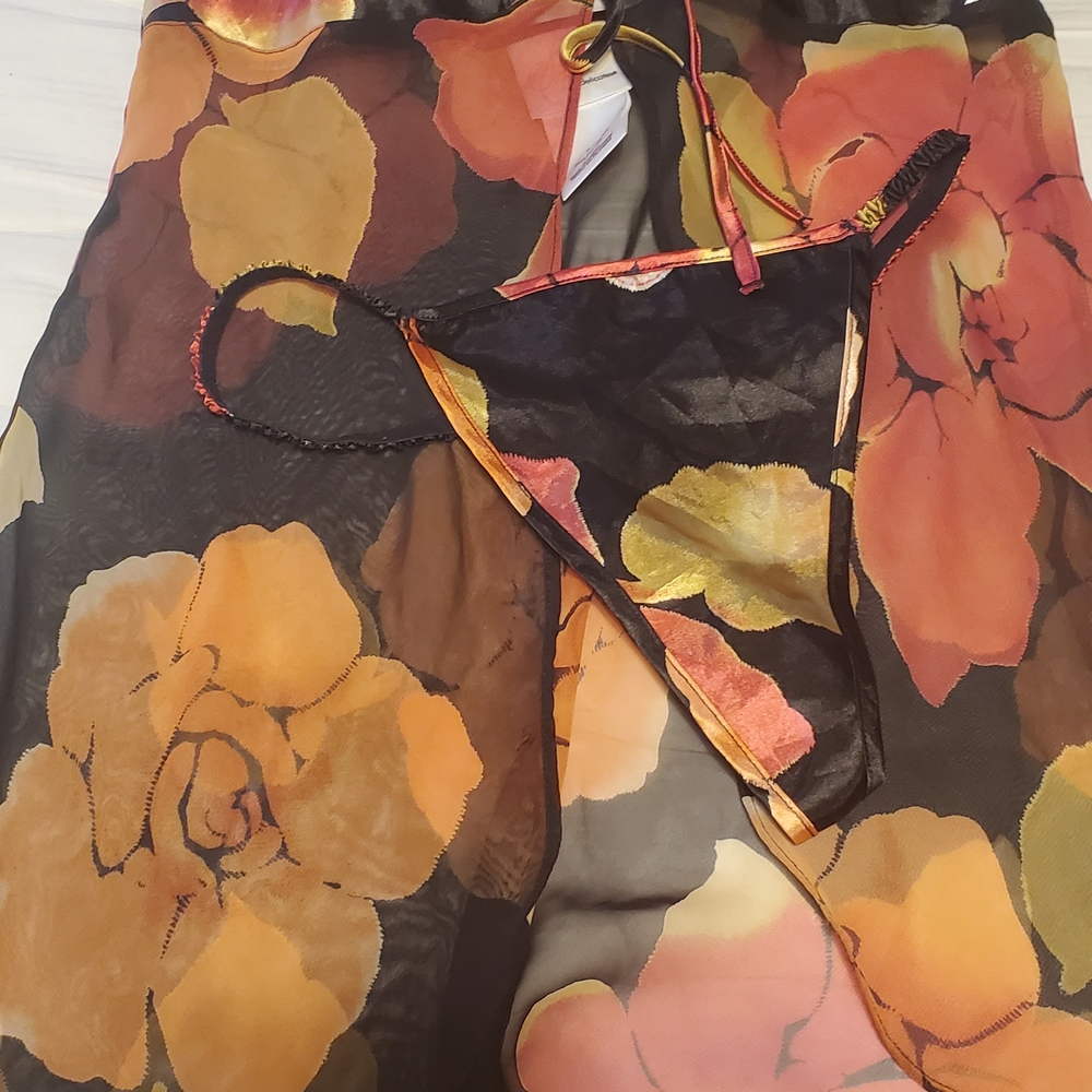 Floral Print Intimate Set - Black and Orange